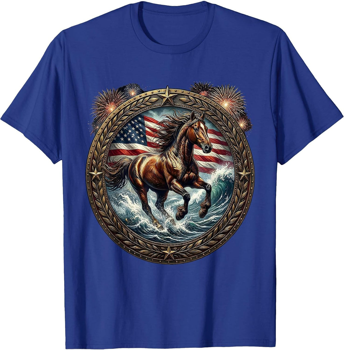 Men's Wild Horse Galloping Through Ocean Surf T-Shirt - Royal Blue