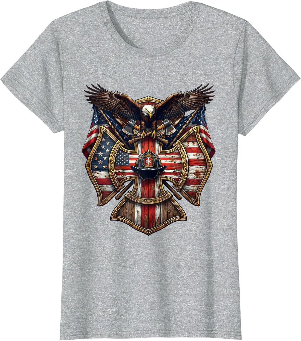 Weathered Barn Red White Blue Flag Stripes T-Shirt - Heather Grey