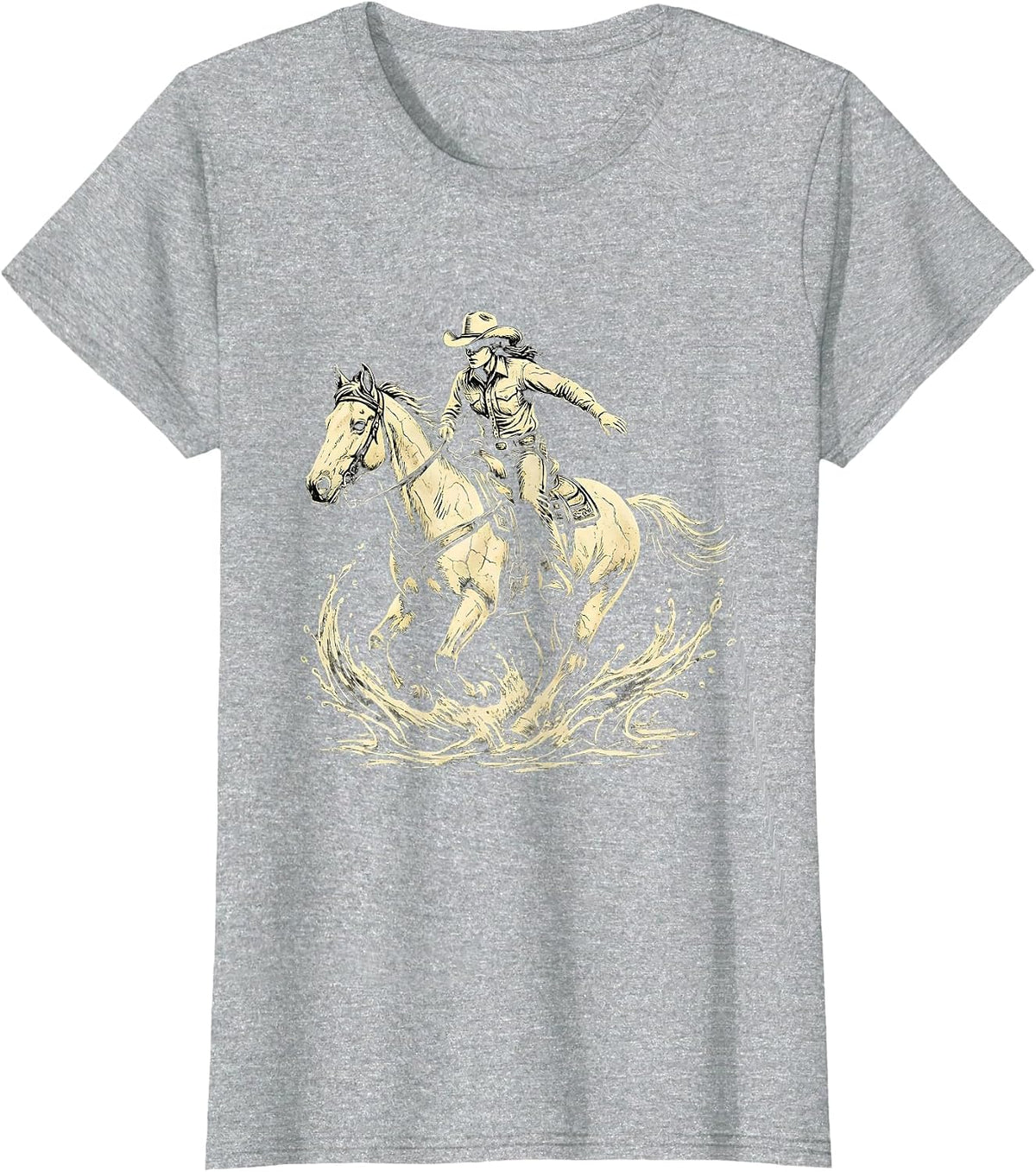 Cowgirl Riding Horse Through River Splash T-Shirt - Heather Grey