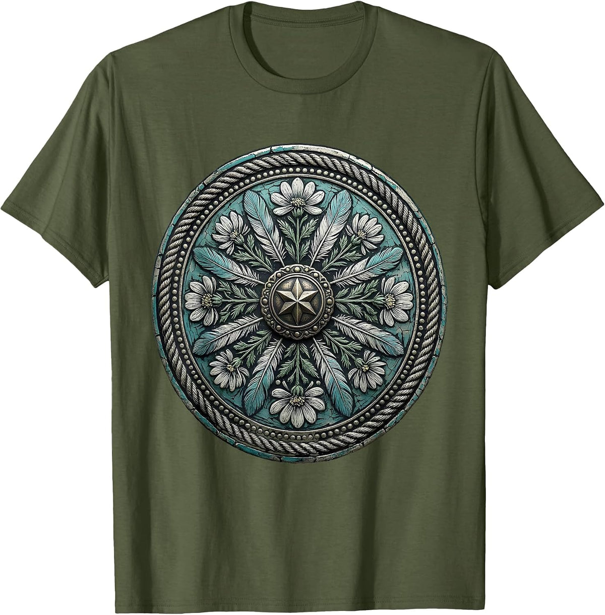 Turquoise Silver Belt Buckle Country Music Art T-Shirt - Olive Green