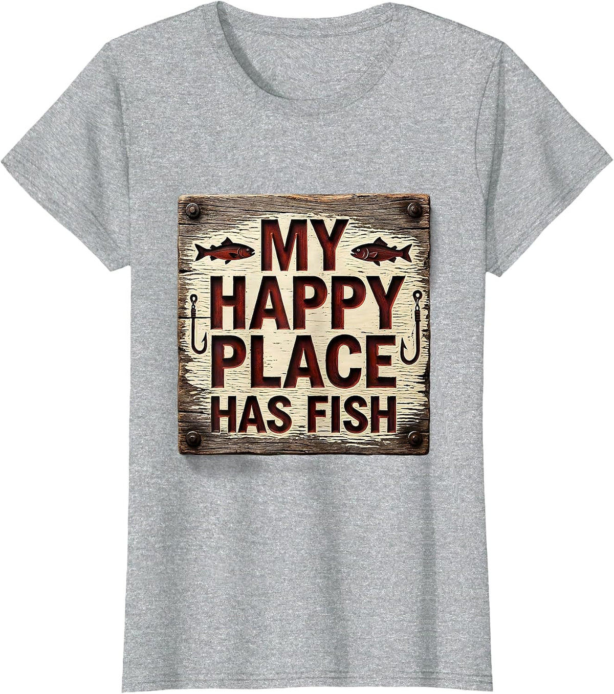 My Happy Place Has Fish Fishing Design T-Shirt - Heather Grey