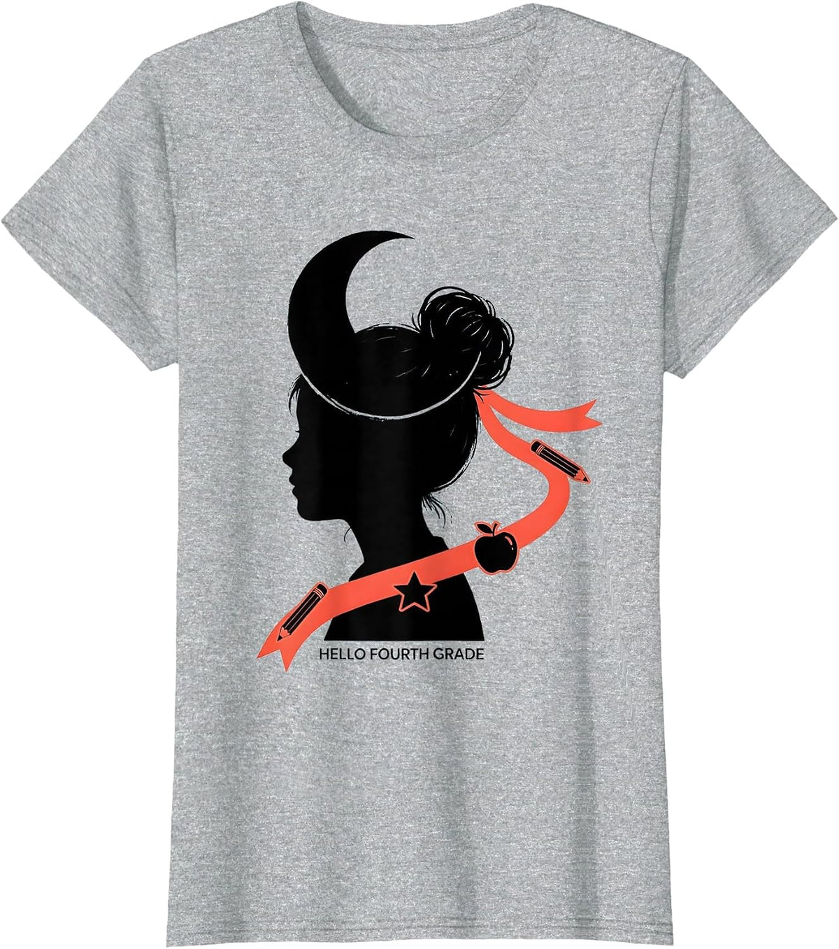 Women's Hello Fourth Grade Messy Bun Back To School Girls Humor T-Shirt - Heather Grey