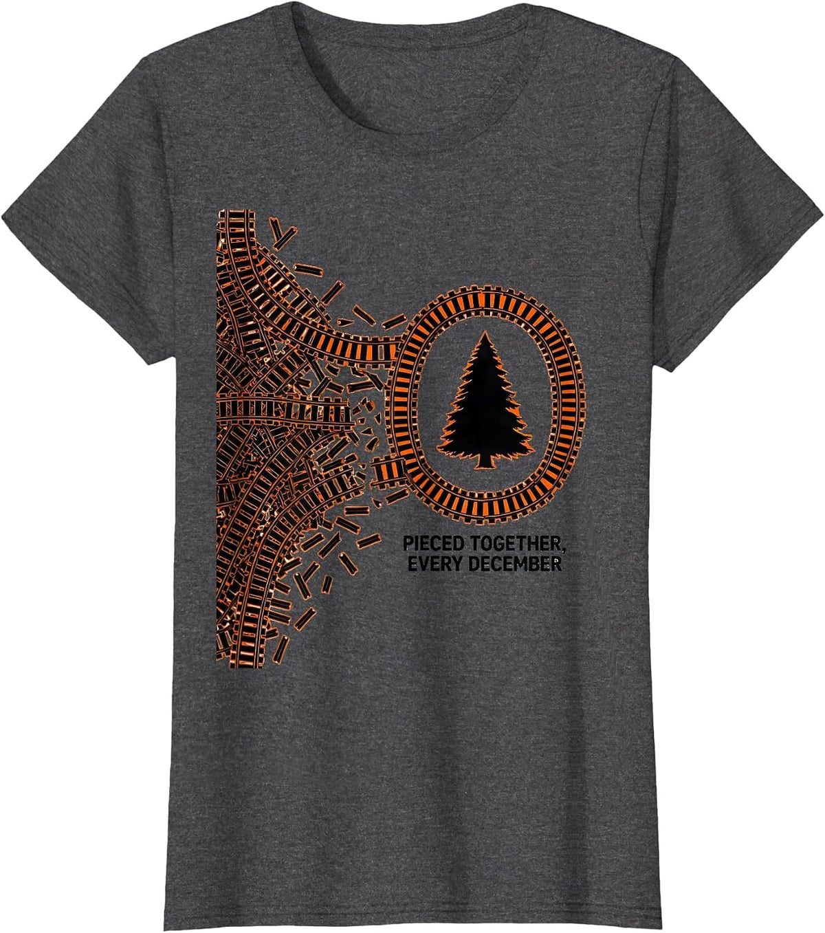 Women's Pieced Together Every December Vintage Train Hobbyist T-Shirt - Dark Heather Grey
