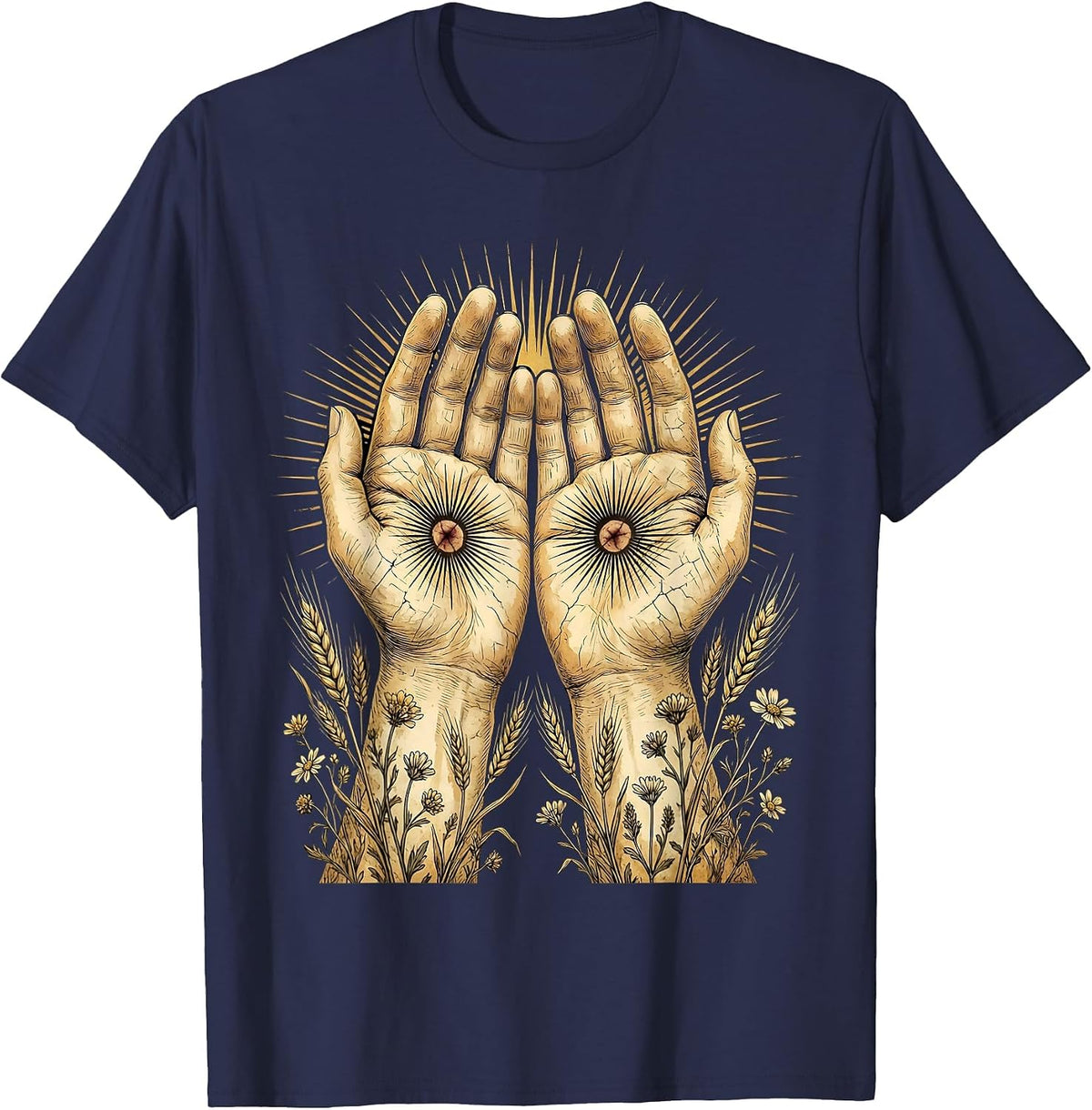 Nail-Scarred Hands Radiating Light Jesus Design T-Shirt - Navy Blue