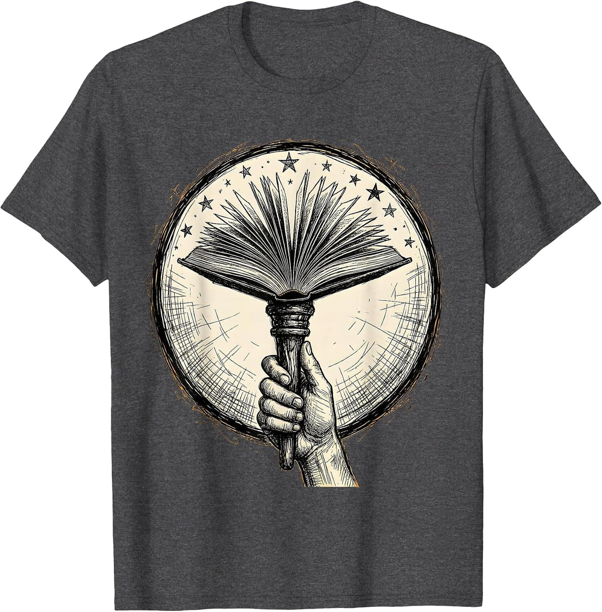 Reading Teacher Hand Holding Book Like a Torch T-Shirt - Dark Heather Grey