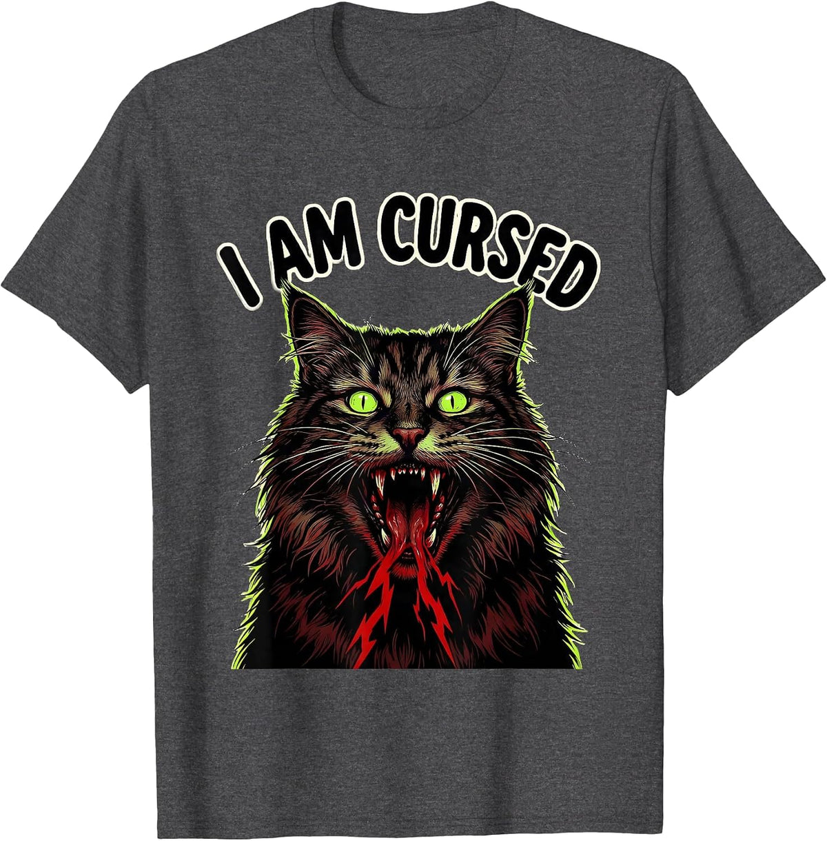 Men's I Am Cursed Horror Funny Cat Meme Bootleg Brainrot T-Shirt - Dark Heather Grey