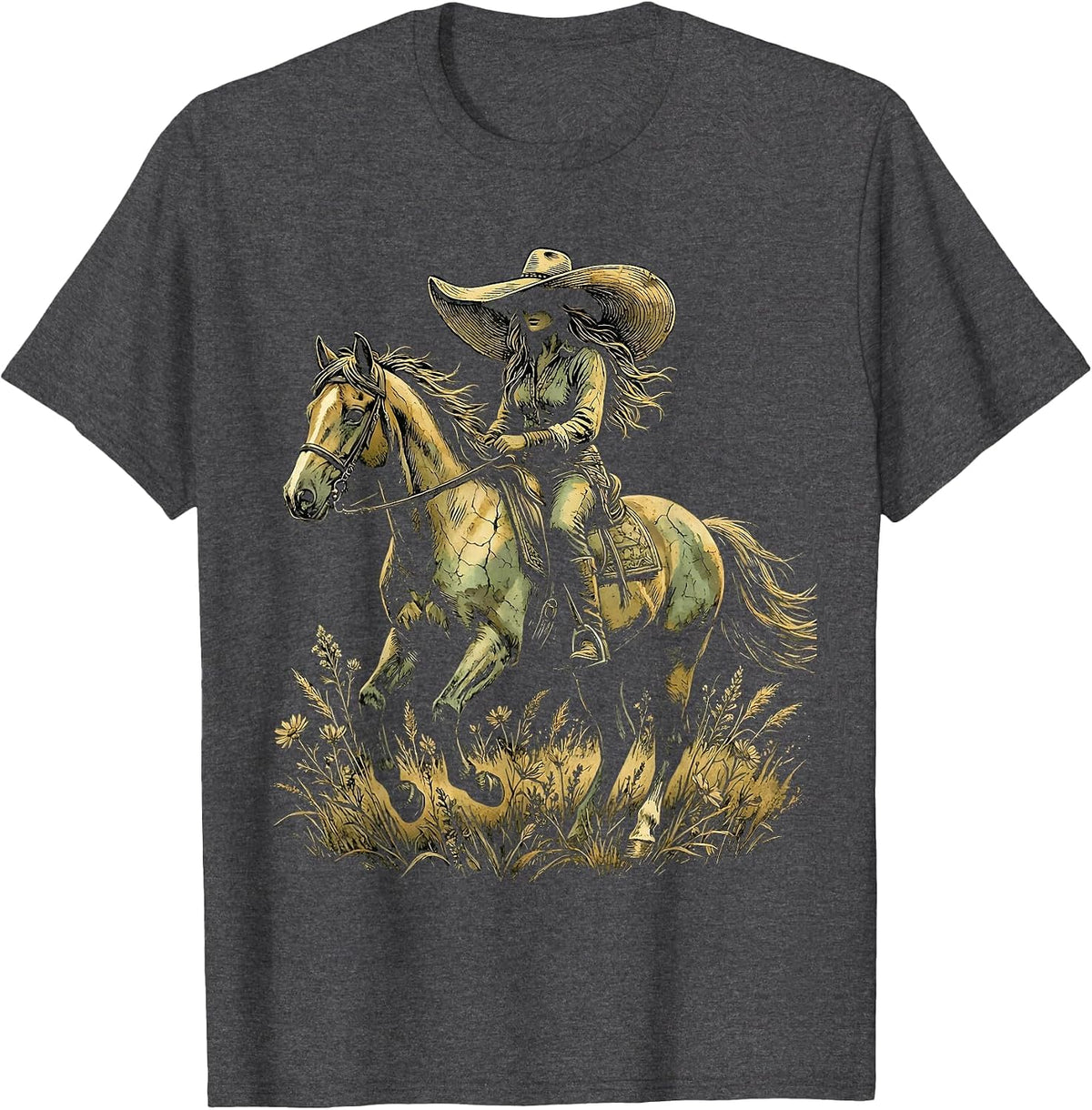 Western Cowboy Hat Horseback Rider Graphic T-Shirt - Dark Heather Grey