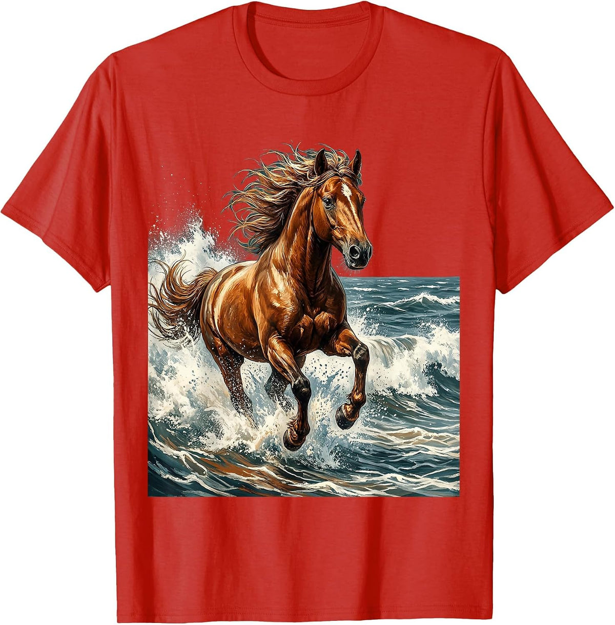 Wild Horse Galloping Through Ocean Surf T-Shirt - Red