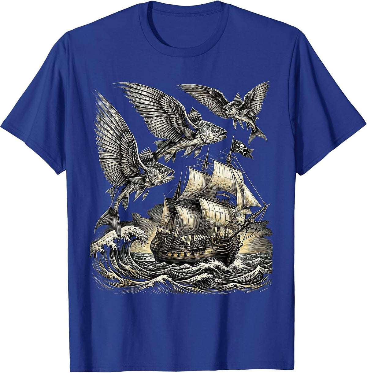 Men's Flying Fish Leaping Over Pirate Ship Graphic T-Shirt - Royal Blue
