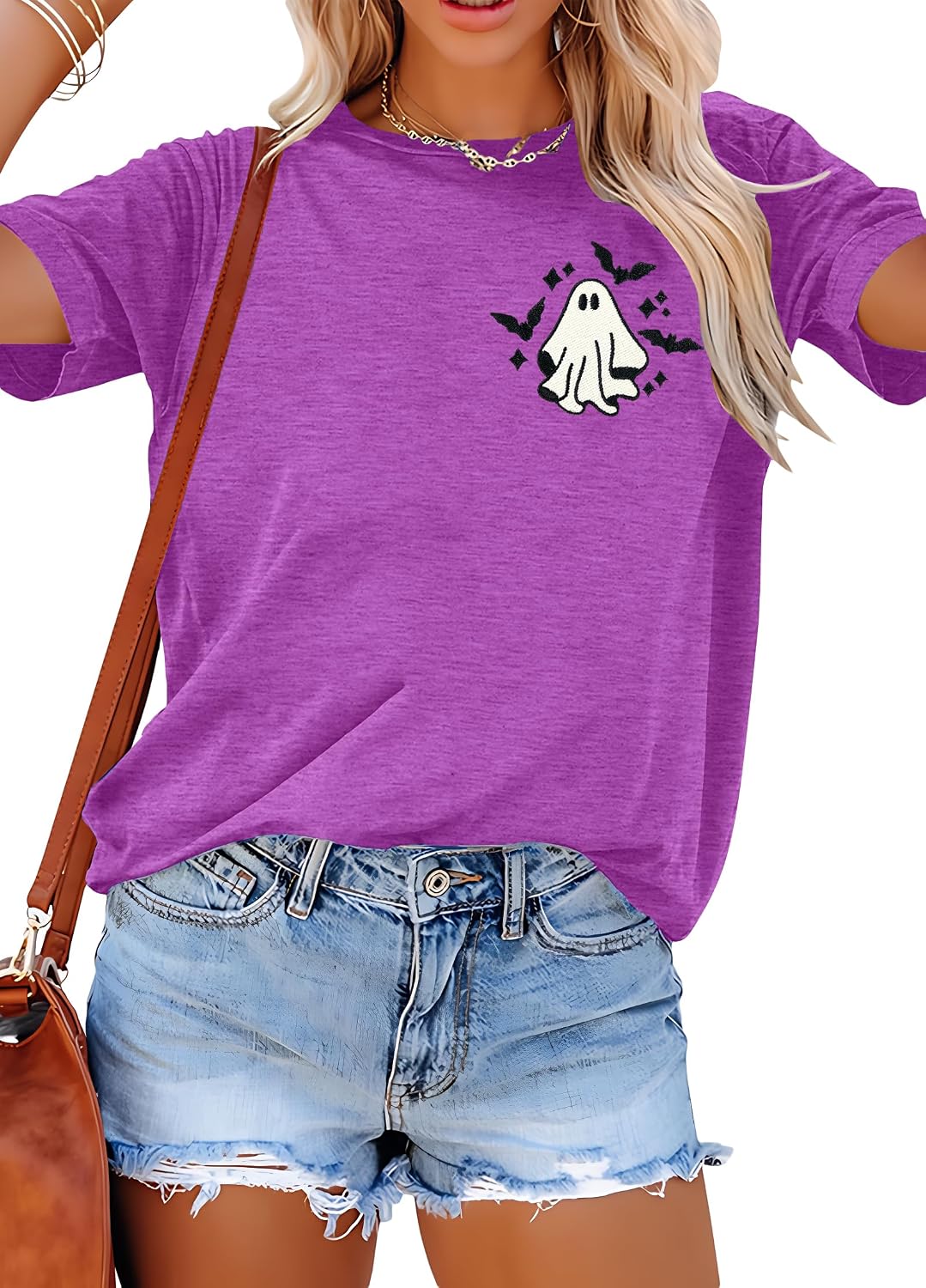 Embroidered Halloween Spooky Shirt Women: Ghost Tshirt Boo Bat Graphic Tee - Purple-1