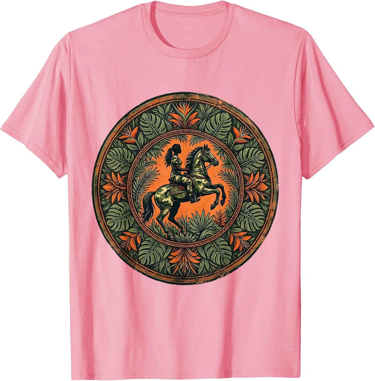 Men's Camo Woman Riding Horse Through Jungle T-Shirt - Pink