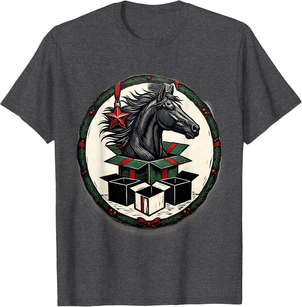 Sealed Horse Badge Gift Box Linocut Equestrian Pajama Humor T-Shirt - Dark Heather Grey