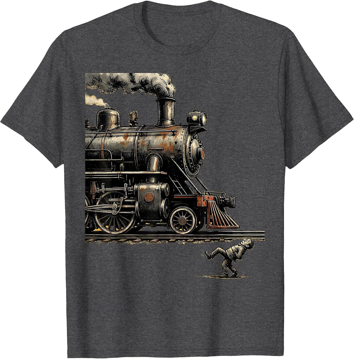 Men's Steam Locomotive Distressed Train Enthusiast Humor T-Shirt - Dark Heather Grey