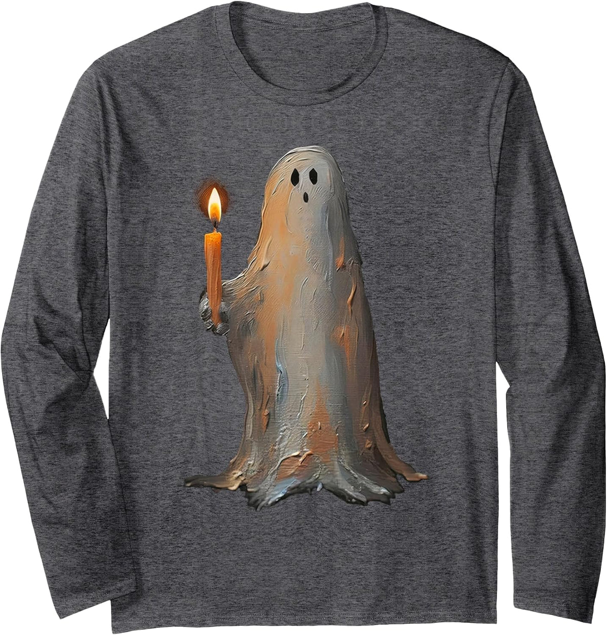 Halloween Ghost Holding Candle Spooky Long Sleeve T-Shirt - Adult Unisex Dark Heather Grey