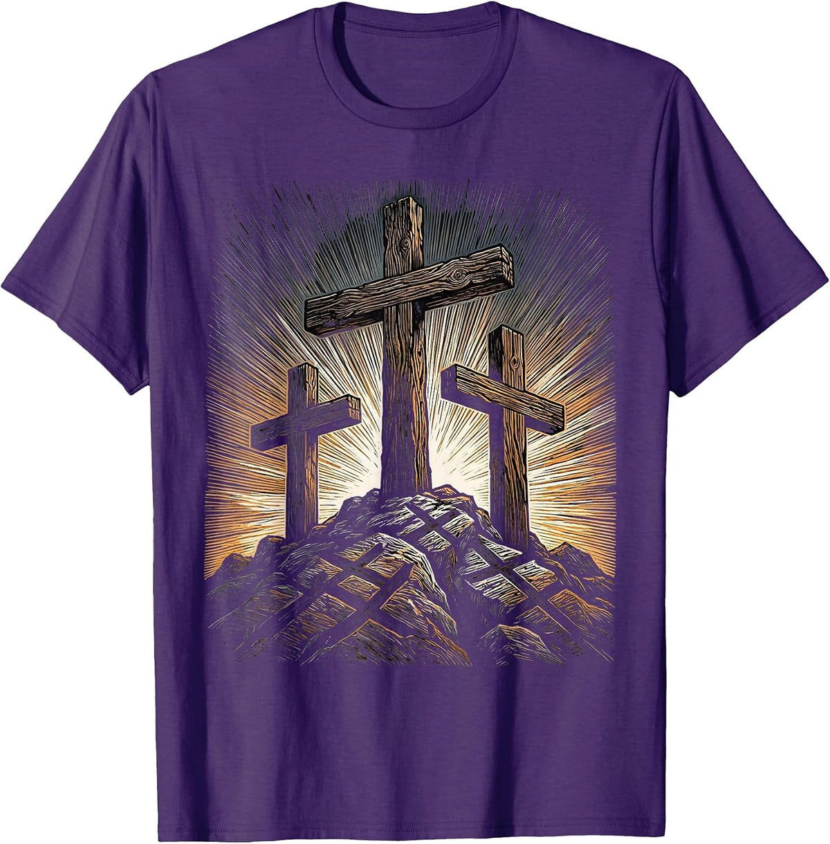 Three Crosses on Rocky Hilltop at Dusk T-Shirt - Purple