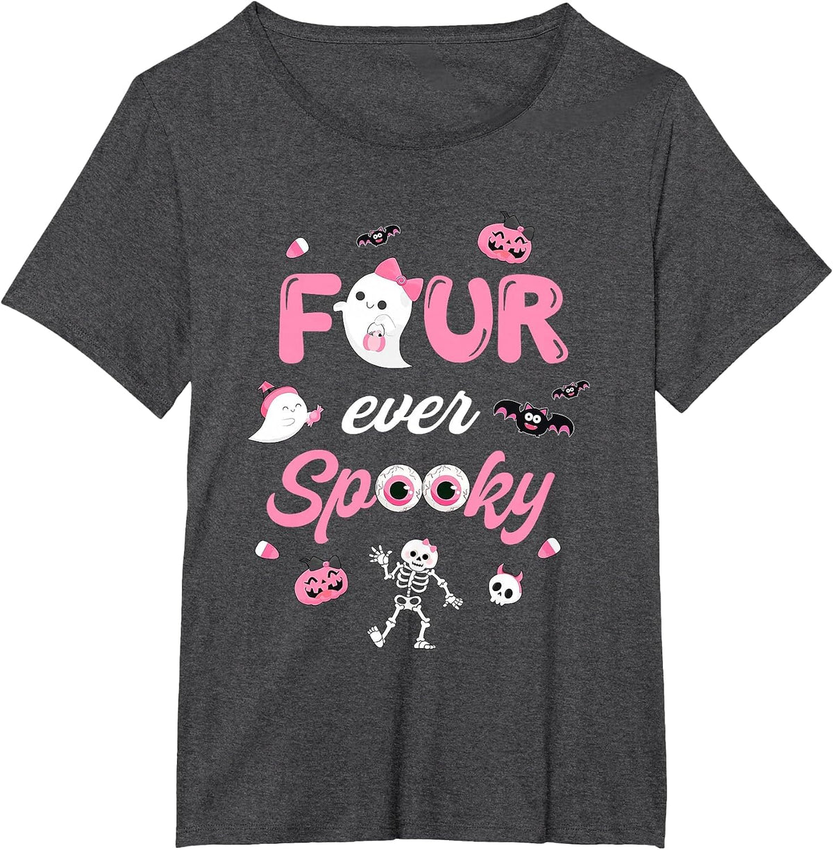 Four Ever Spooky Halloween Ghost 4th Birthday Girl Bow Ghost T-Shirt - Dark Heather Grey