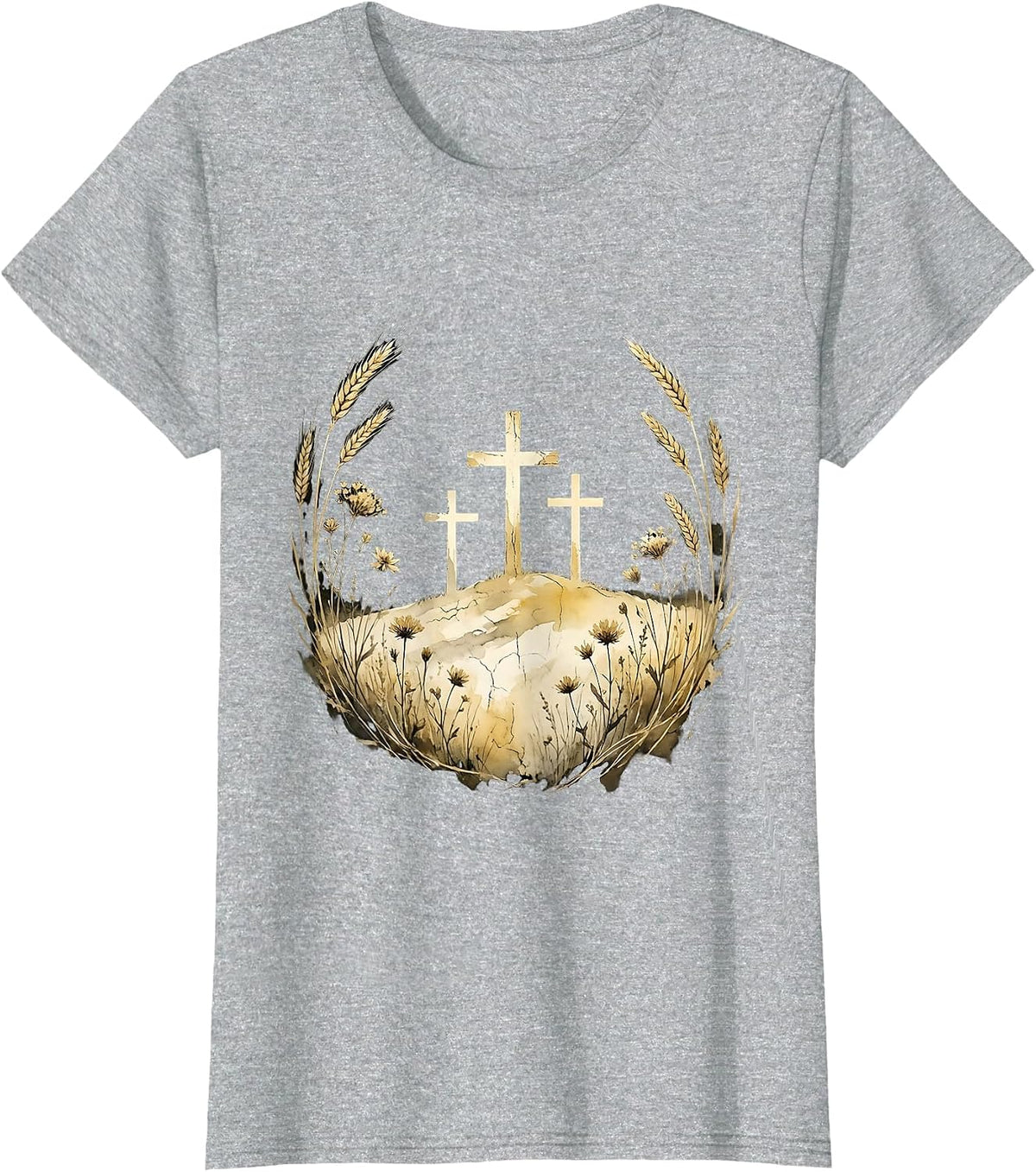 Three Crosses Hilltop Silhouette Christian Design T-Shirt - Heather Grey