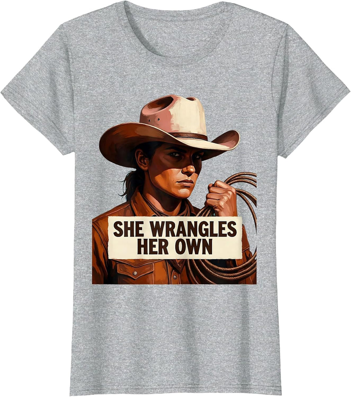 She Wrangles Her Own Western Cowgirl Design T-Shirt - Heather Grey