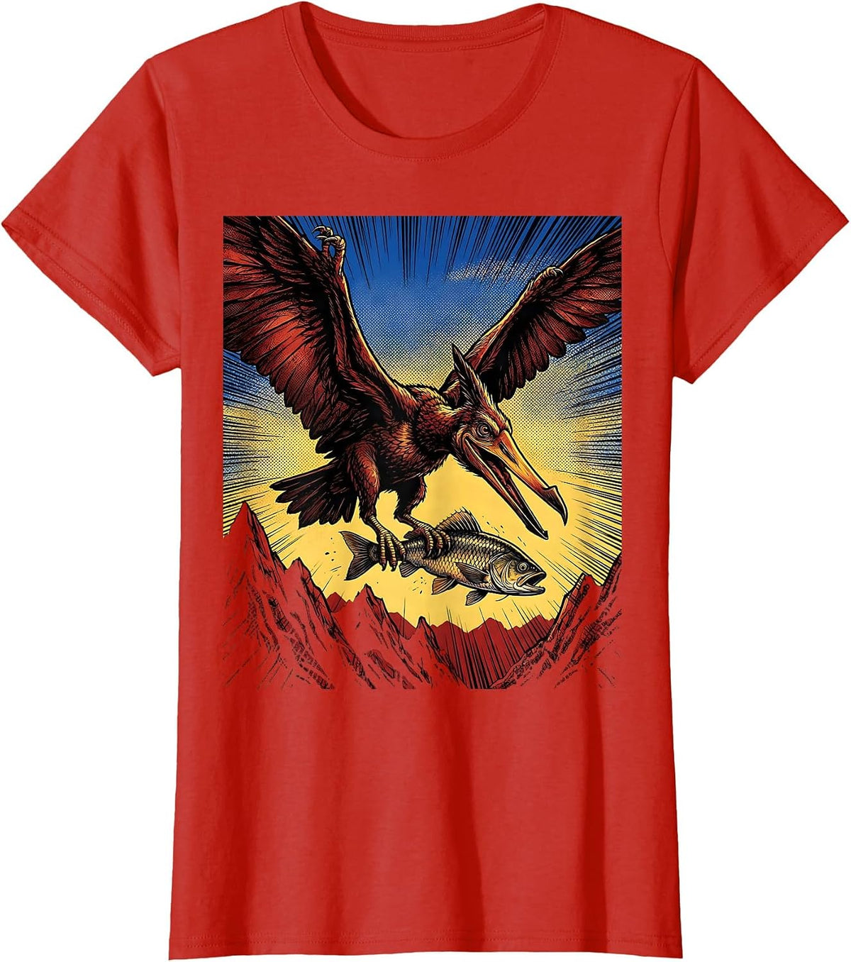 Pterodactyl Flying Over Mountains With Fish T-Shirt - Red