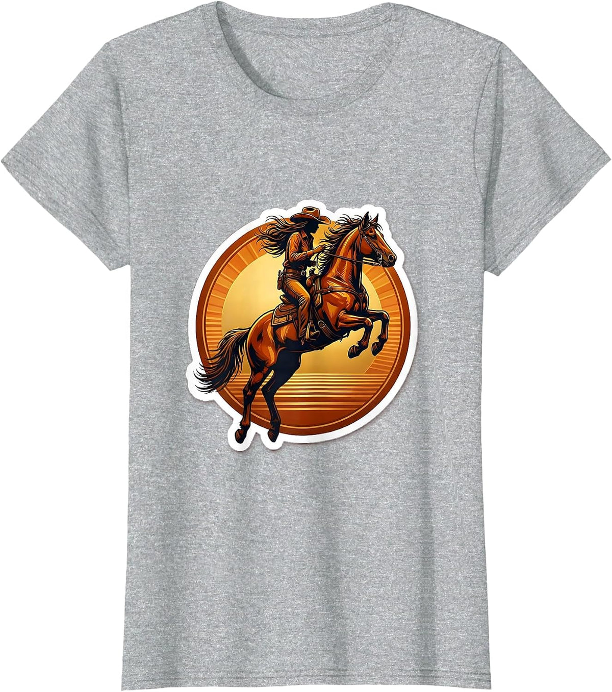 Cowboy Rider and Horse Mid-Jump Sunset Design T-Shirt - Heather Grey