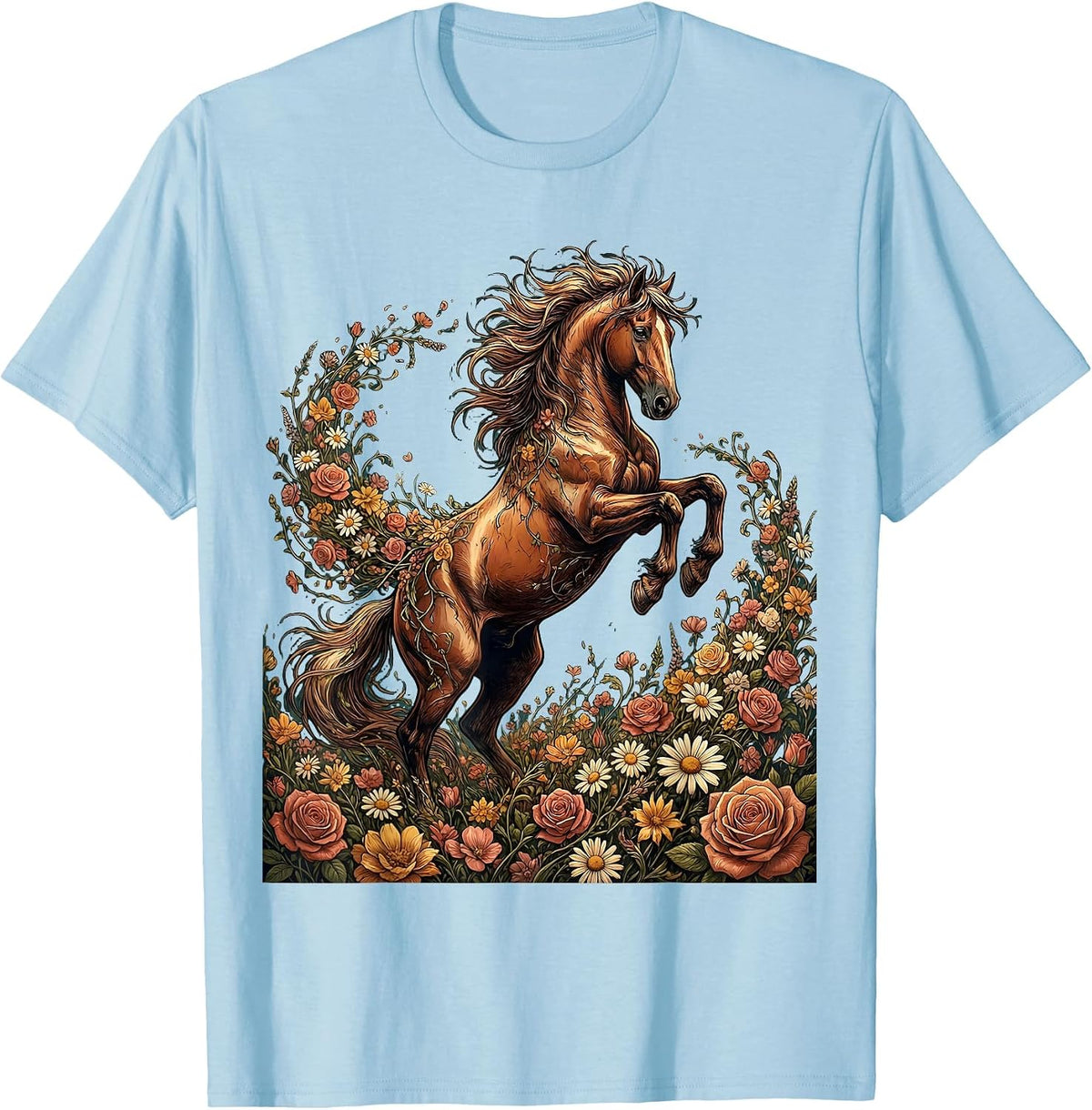Men's Floral Bucking Horse Rodeo Graphic Design T-Shirt - Baby Blue