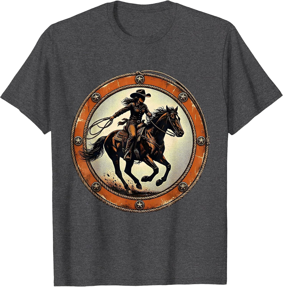 Cowgirl Riding Galloping Horse Graphic T-Shirt - Dark Heather Grey