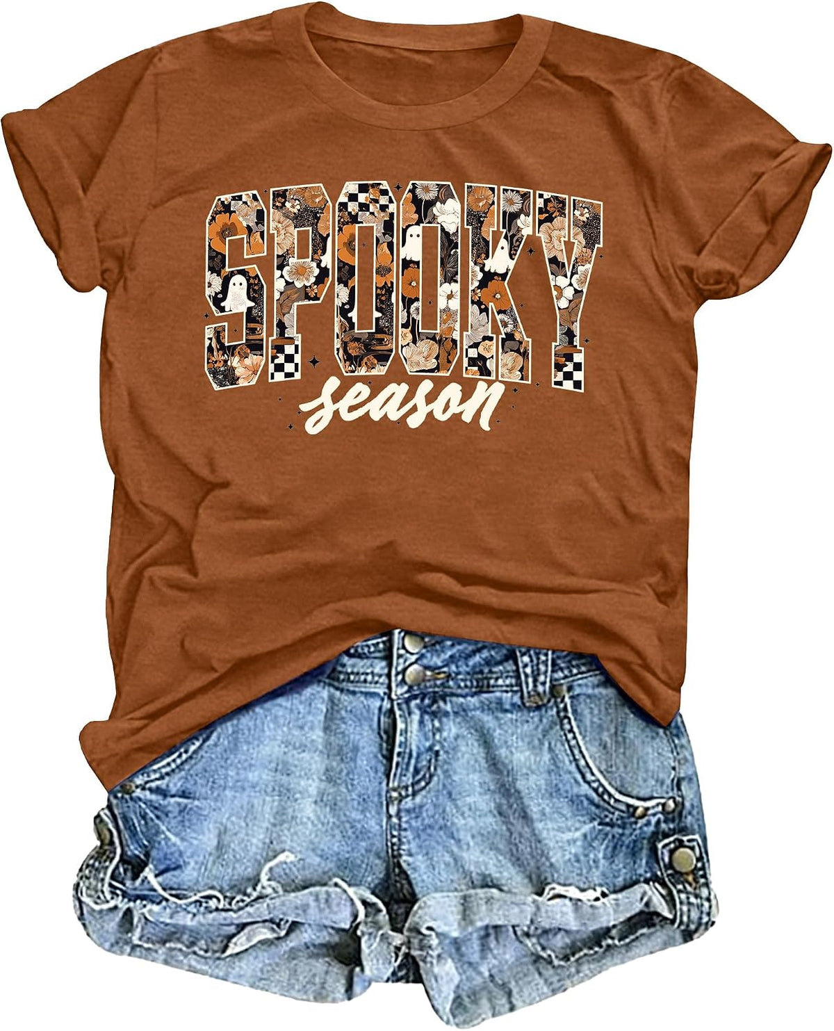 Halloween Shirts for Women Spooky Season Short Sleeve Tis The Season Tee - Brown-spooky