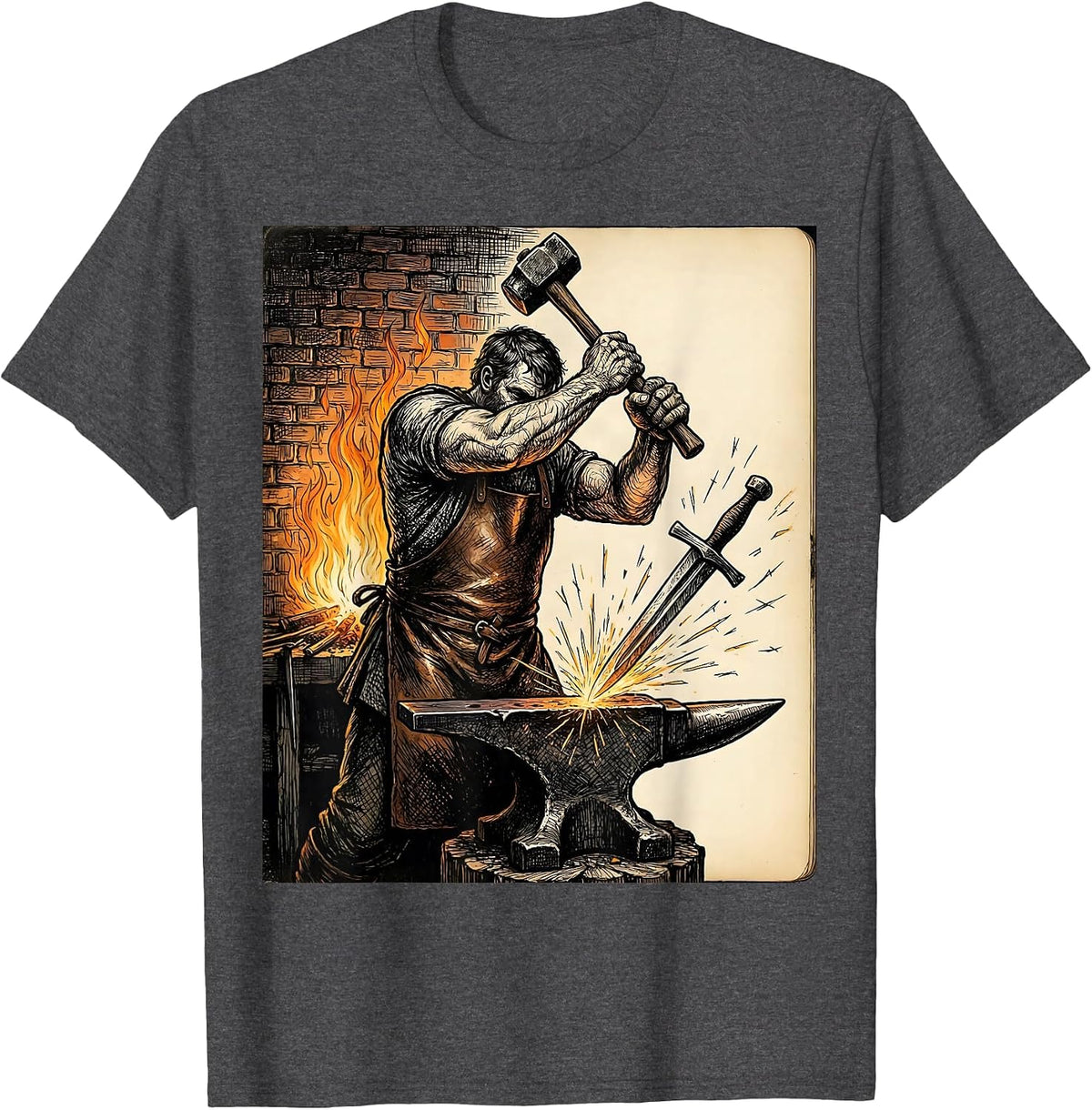 Renaissance Blacksmith Forge Hammering Sword Art T-Shirt - Dark Heather Grey