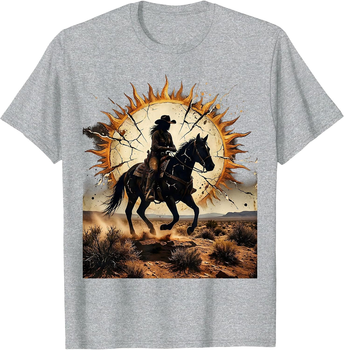 Men's Lone Cowgirl Silhouette Sunset Country Music T-Shirt - Heather Grey