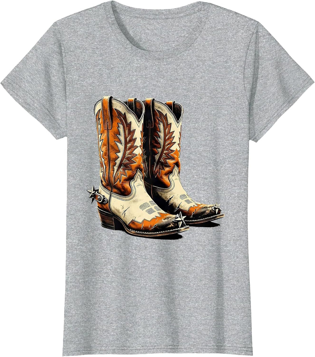 Women's Worn Cowboy Boots With Spurs Graphic T-Shirt - Heather Grey