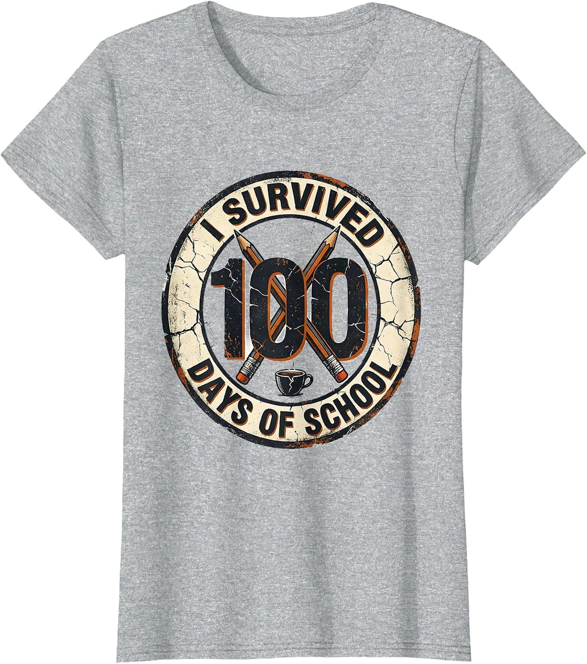 Women's I Survived 100 Days Of School Distressed Teacher Humor T-Shirt - Heather Grey