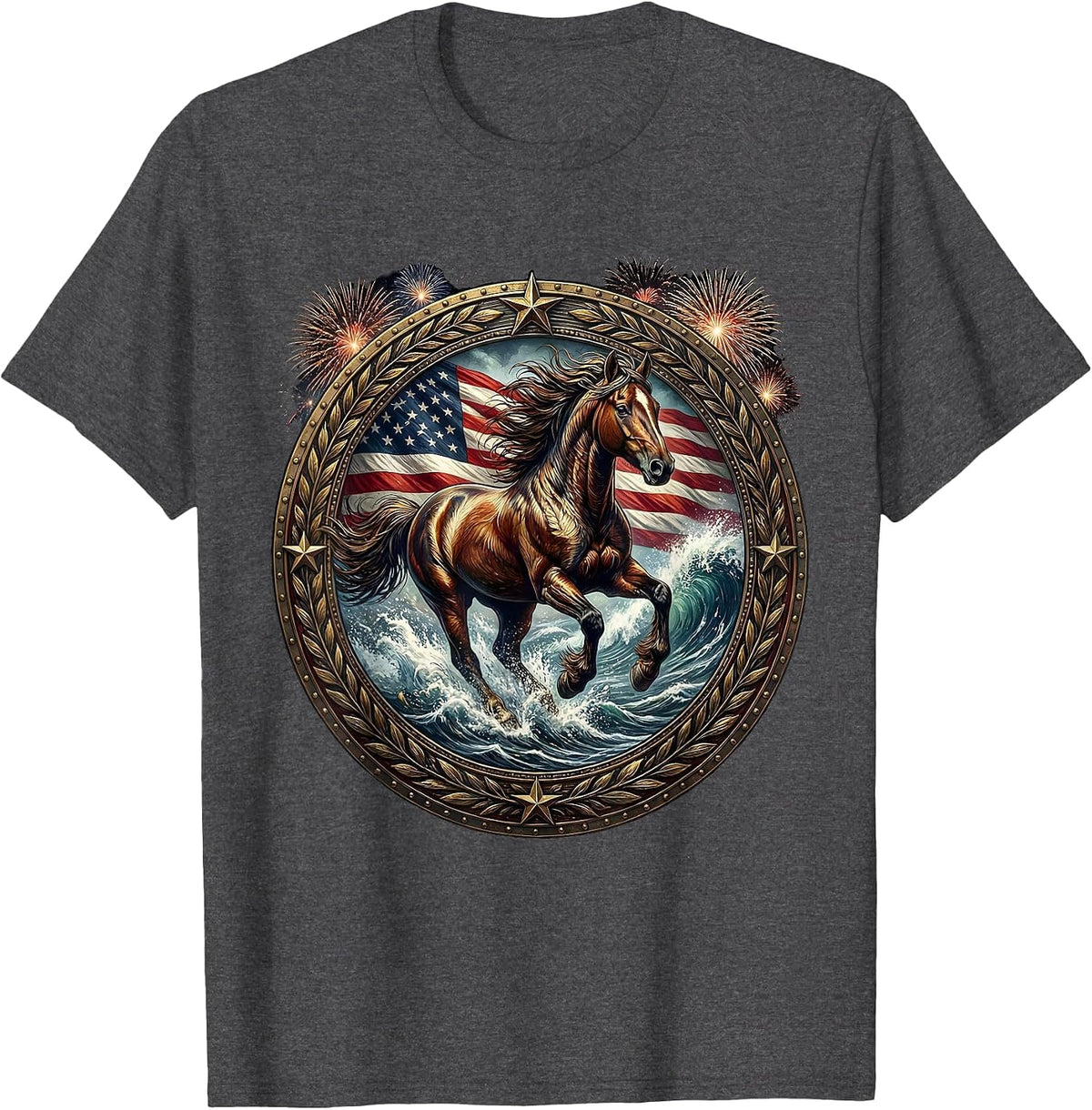 Men's Wild Horse Galloping Through Ocean Surf T-Shirt - Dark Heather Grey