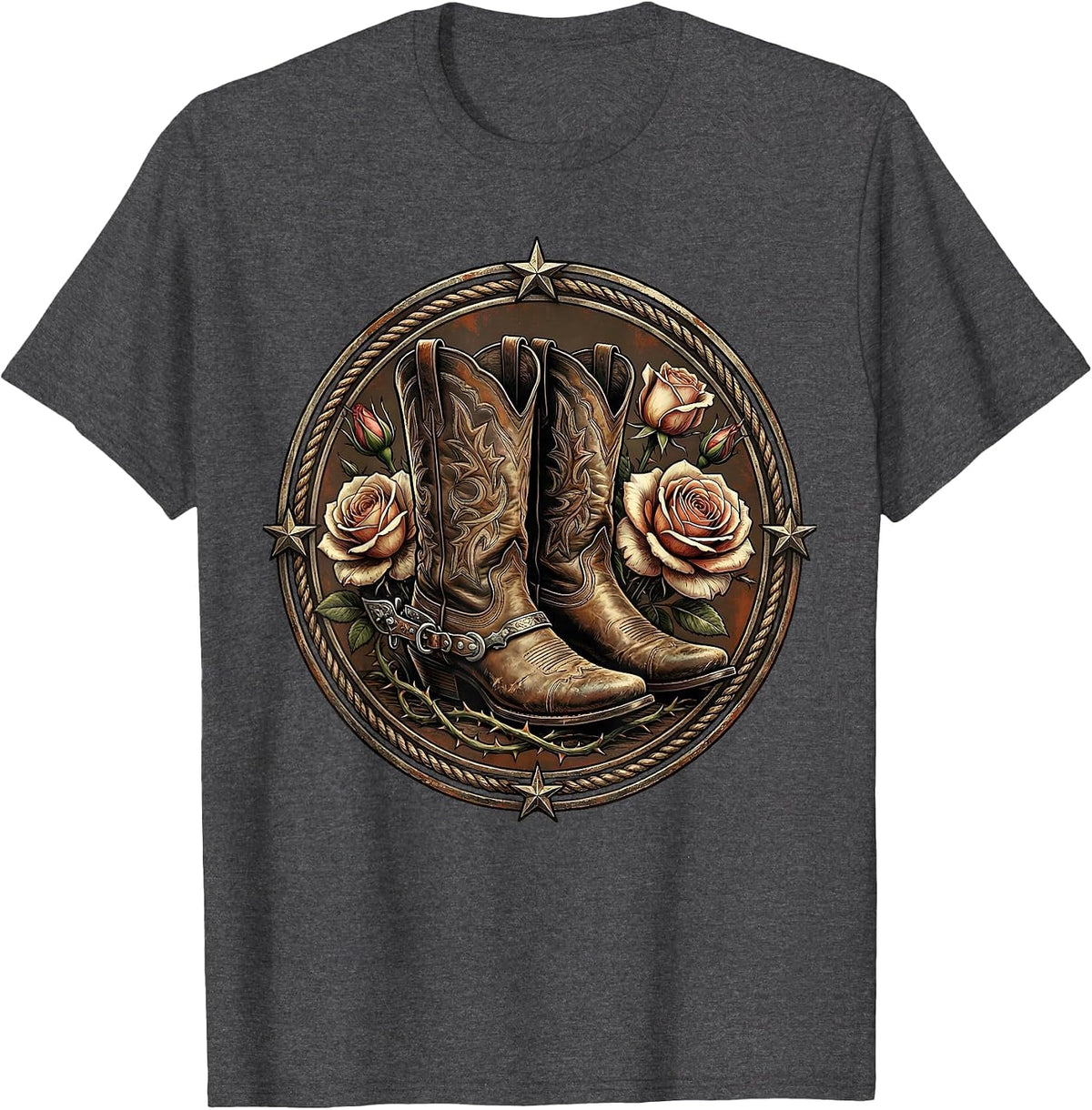 Cowboy Boots Spurs and Roses Western Graphic T-Shirt - Dark Heather Grey
