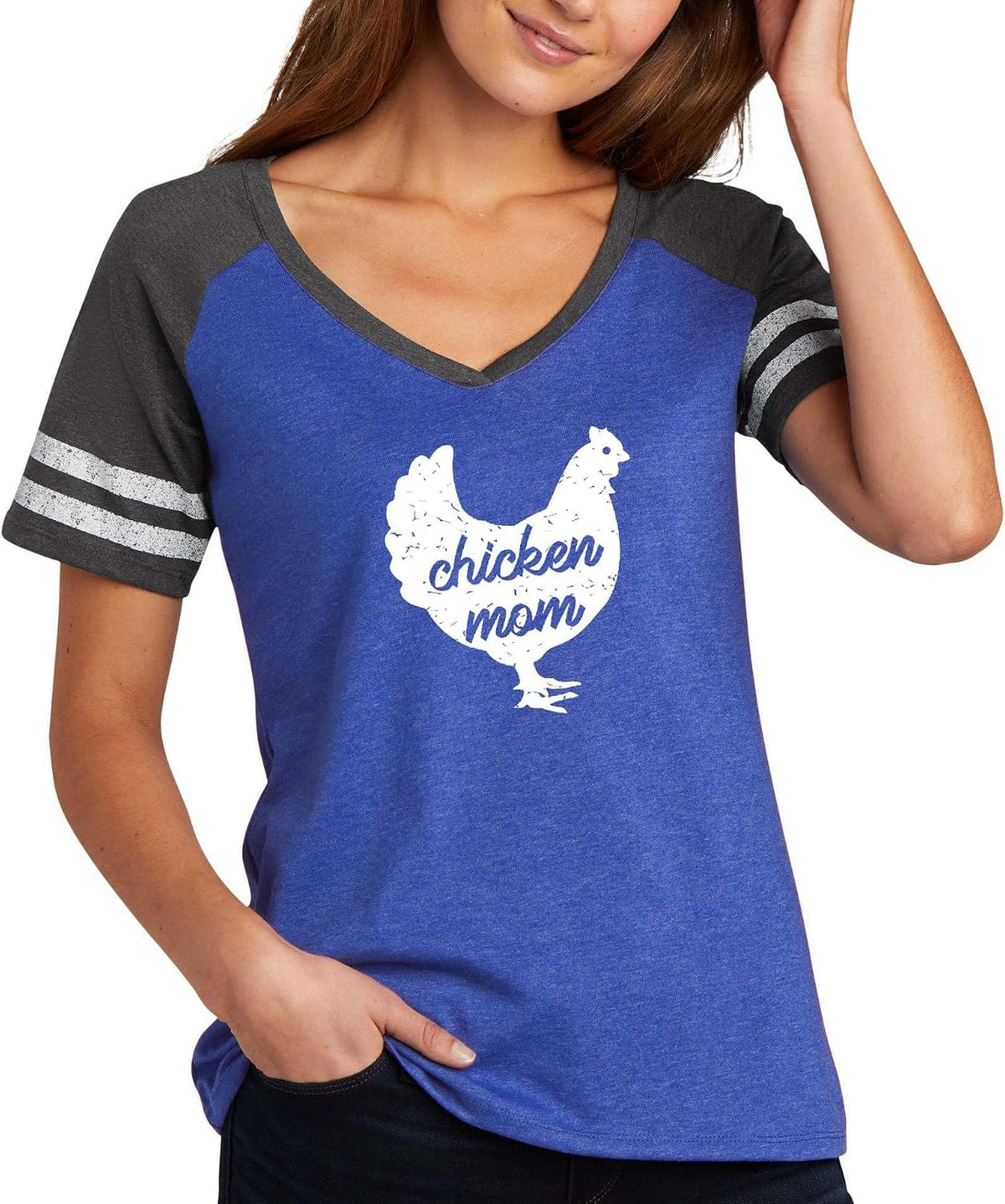 Chicken Mom Funny Farm Animal Graphic Top Ladies Game Day V-Neck Tee - Ladies V-Neck Heathered True Royal\/Heathered Charcoal