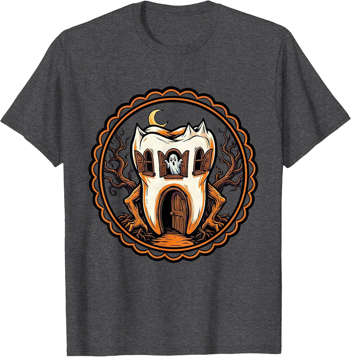 Men's Haunted Molar House Dental Halloween Design T-Shirt - Dark Heather Grey