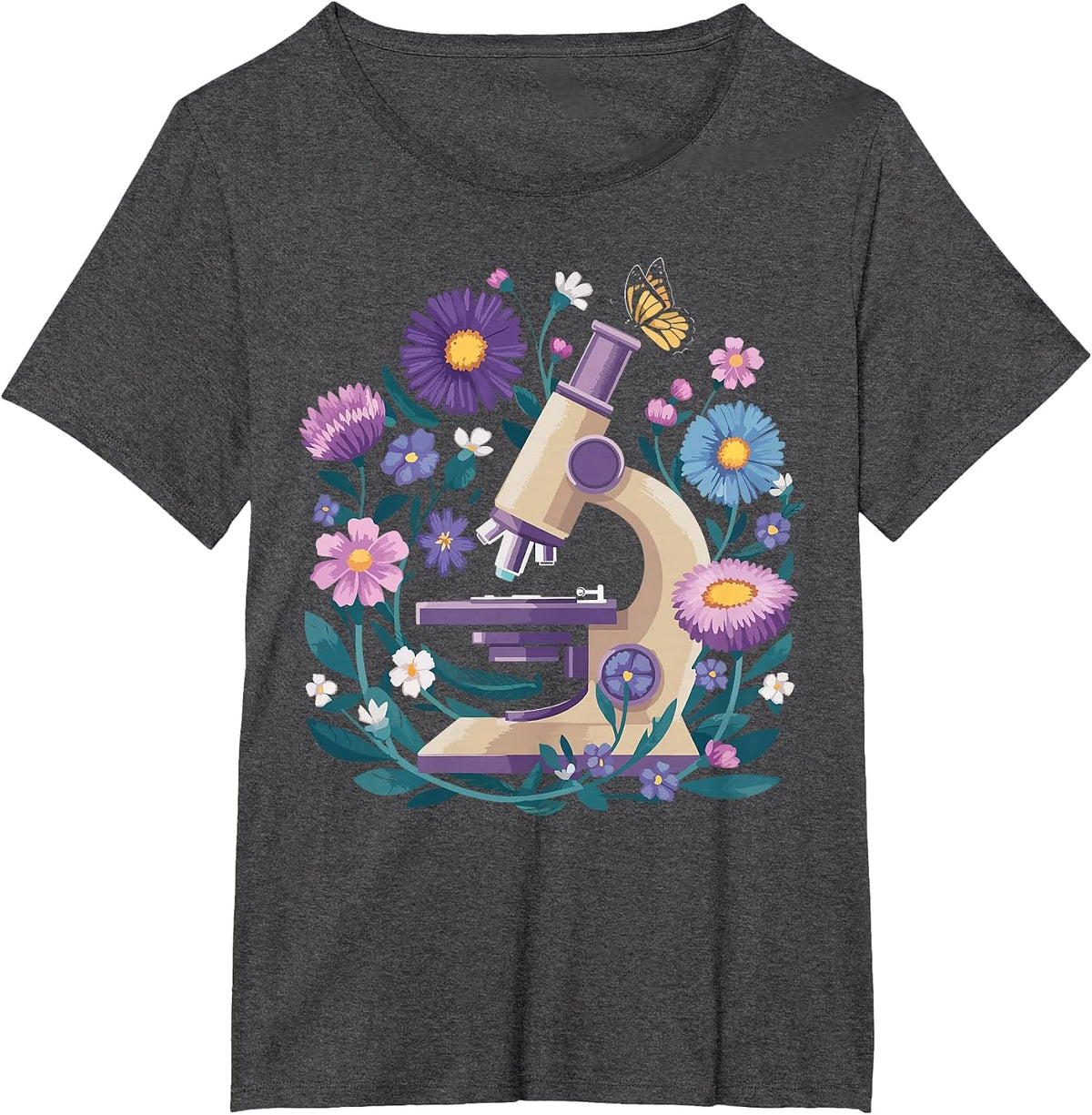 Microscope Flower Butterfly Biology Science Teacher Student T-Shirt - Dark Heather Grey