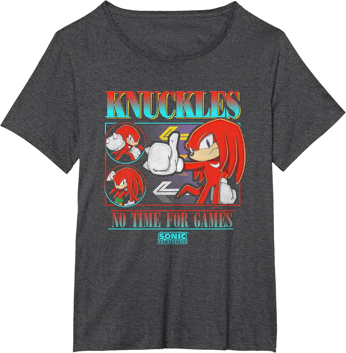 Sonic The Hedgehog Knuckles No Time for Games Vintage T-Shirt - Dark Heather Grey