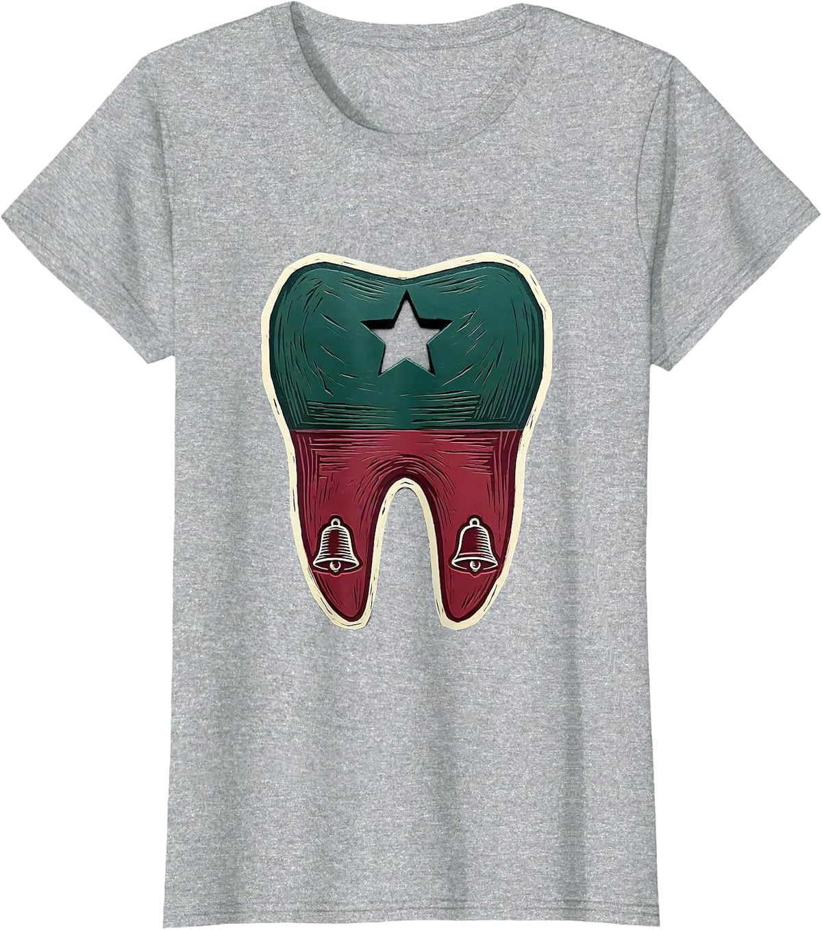 Oversized Tooth Evergreen Cranberry Dental Christmas Humor T-Shirt - Heather Grey