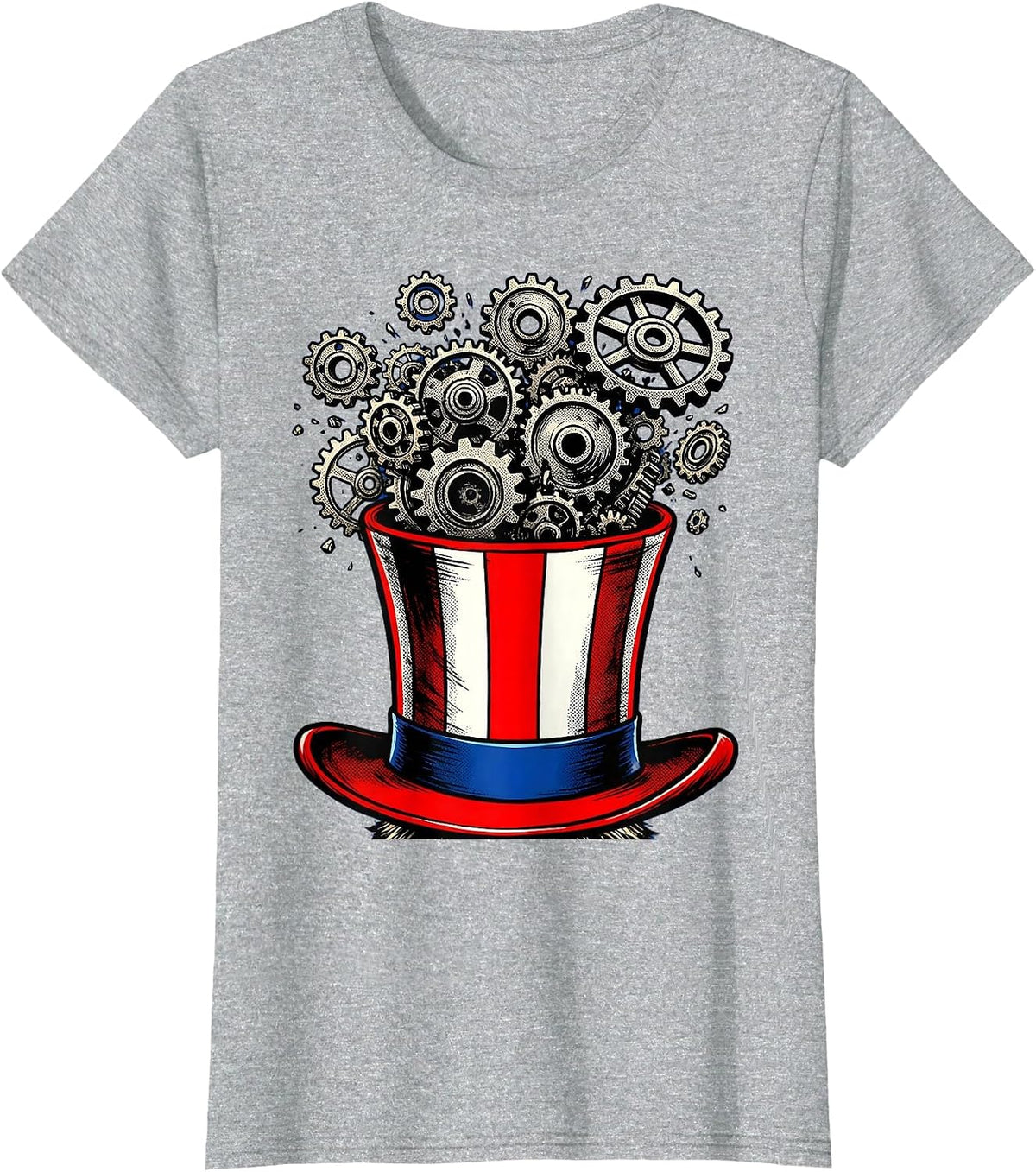 Uncle Sam Hat Overflowing Gears Patriotic Design T-Shirt - Heather Grey