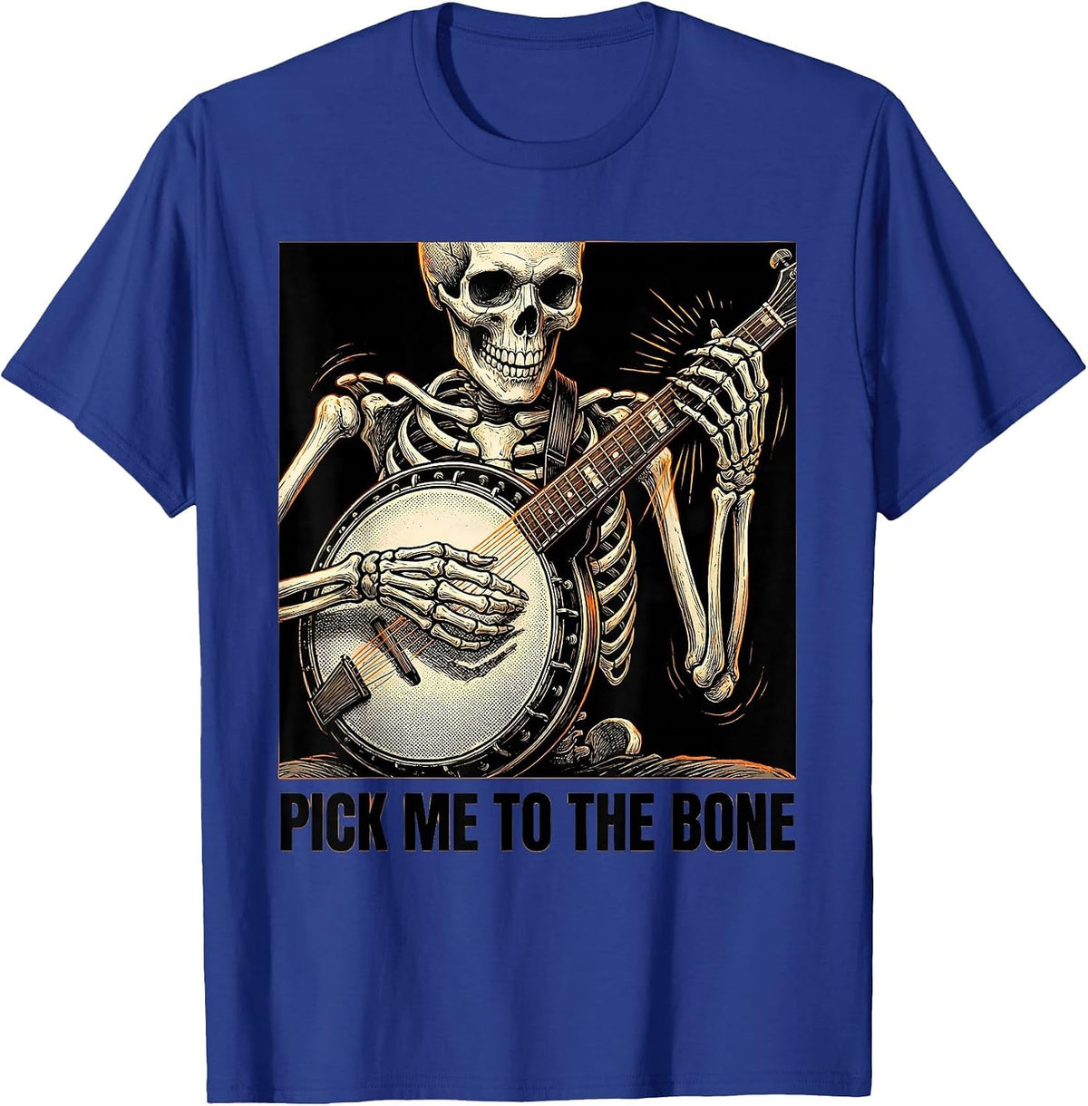 Men's Pick Me To The Bone Funny Skeleton Banjo Player Halloween T-Shirt - Royal Blue