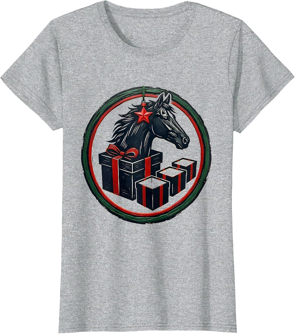 Sealed Horse Badge Gift Box Linocut Equestrian Pajama Humor T-Shirt - Heather Grey