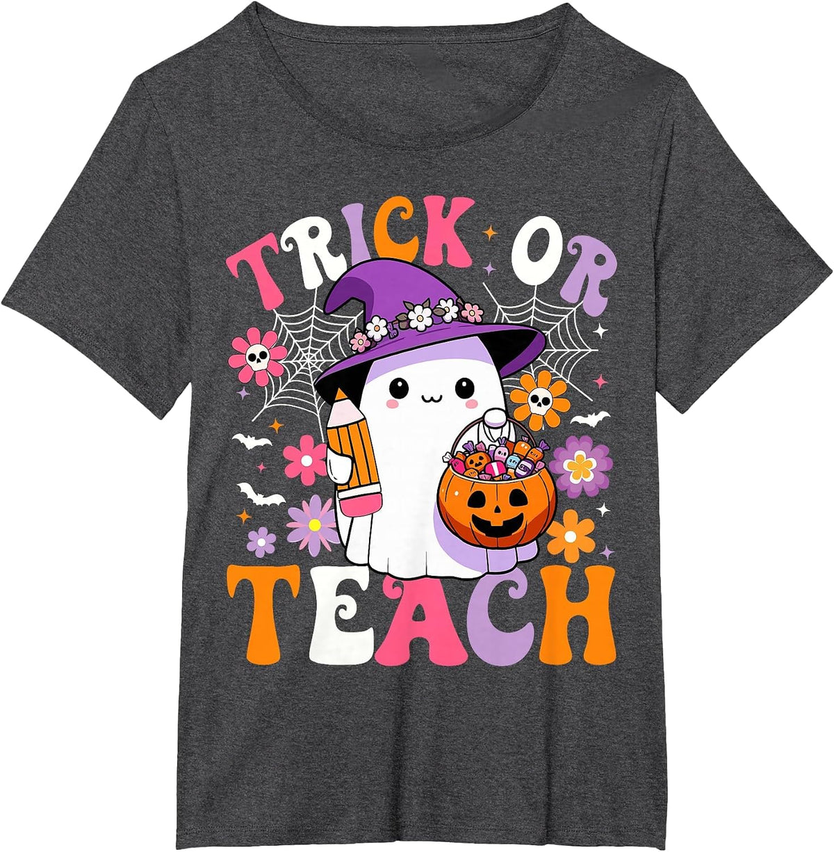 Trick Or Teach Teacher Groovy Ghost Funny Halloween Teacher T-Shirt - Dark Heather Grey