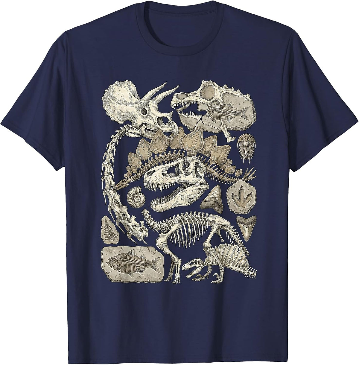 Vintage Dinosaur Skeleton Fragments Paleontology Art T-Shirt - Navy Blue