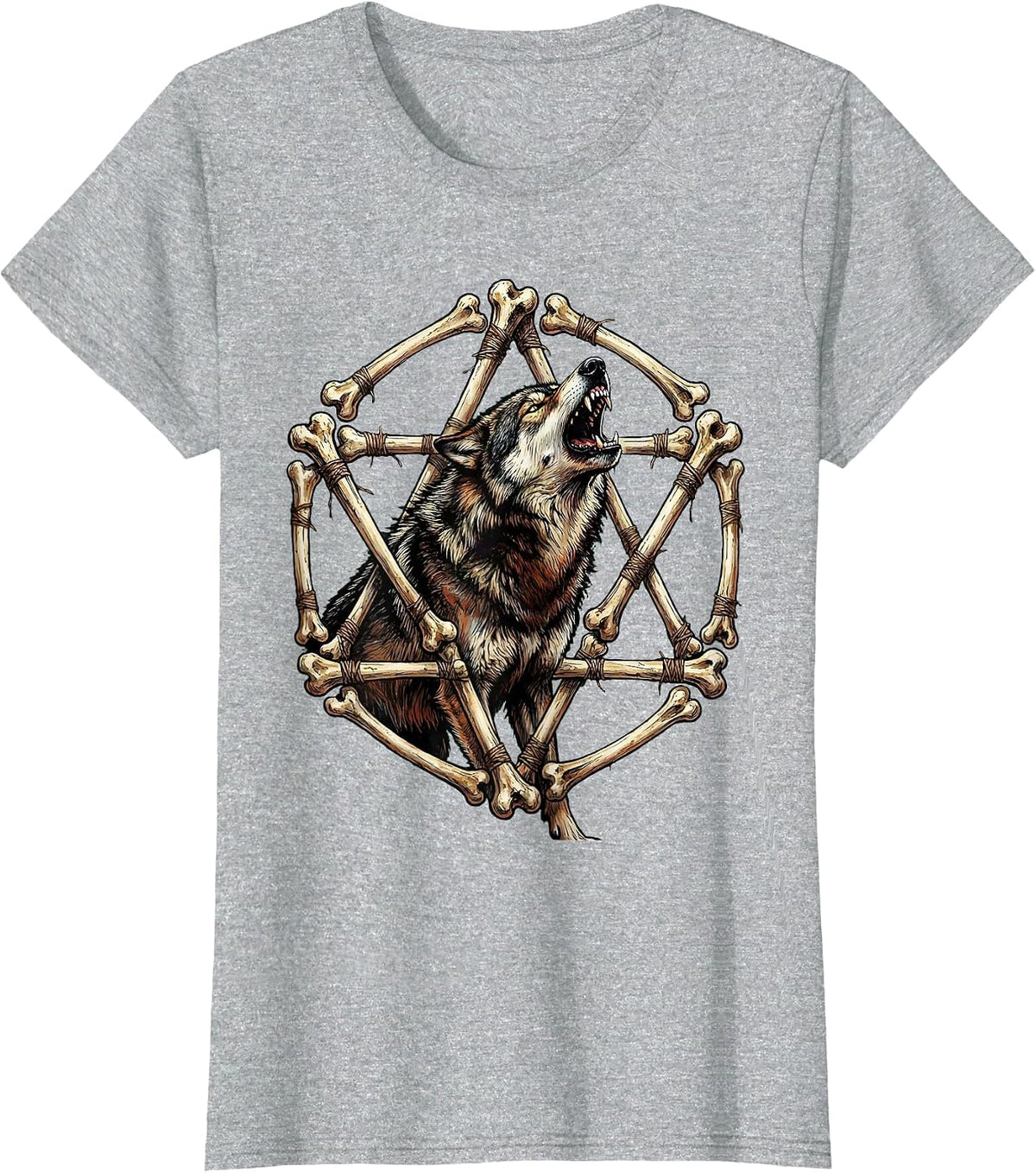 Women's Wolf Howling Pentagram of Bones Heavy Metal Graphic T-Shirt - Heather Grey