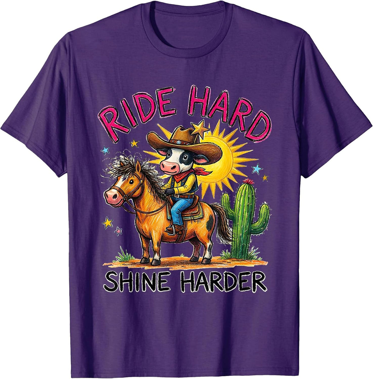 Ride Hard Shine Harder Western Cowgirl Design T-Shirt - Purple