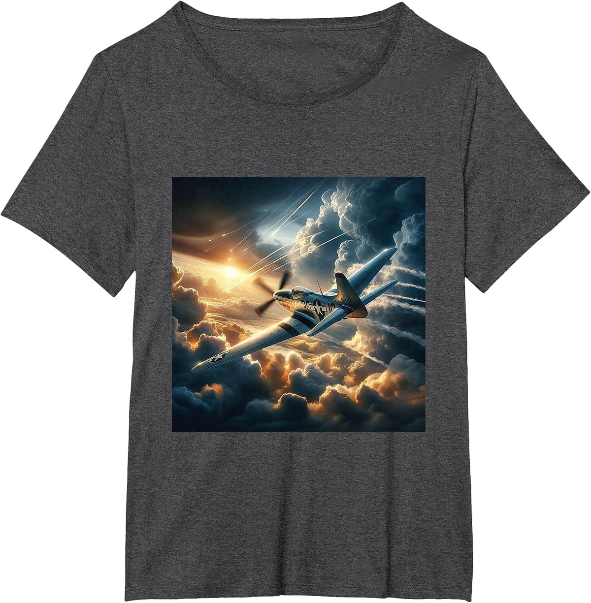 WWII Warbirds | P-51 Mustang in Dynamic Flight Cloudy Sky T-Shirt - Dark Heather Grey