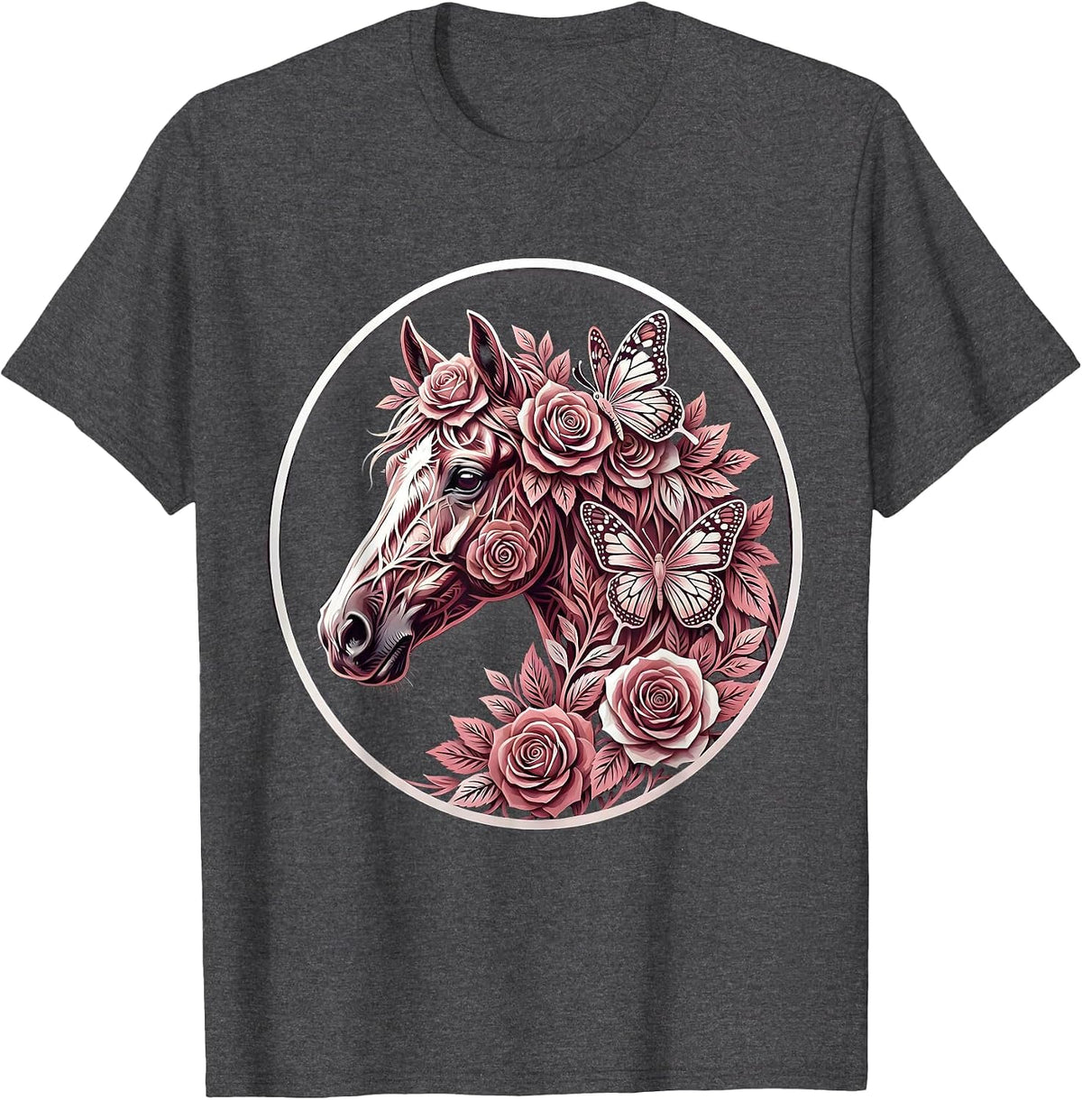 Horse Head Floral Crown Butterfly Illustration T-Shirt - Dark Heather Grey