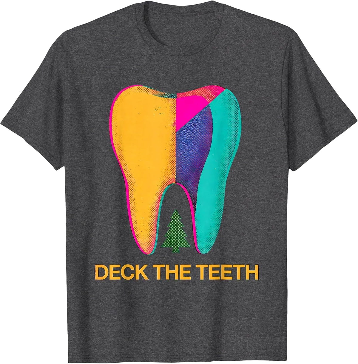 Deck the Teeth Risograph Dental Christmas Humor T-Shirt - Dark Heather Grey