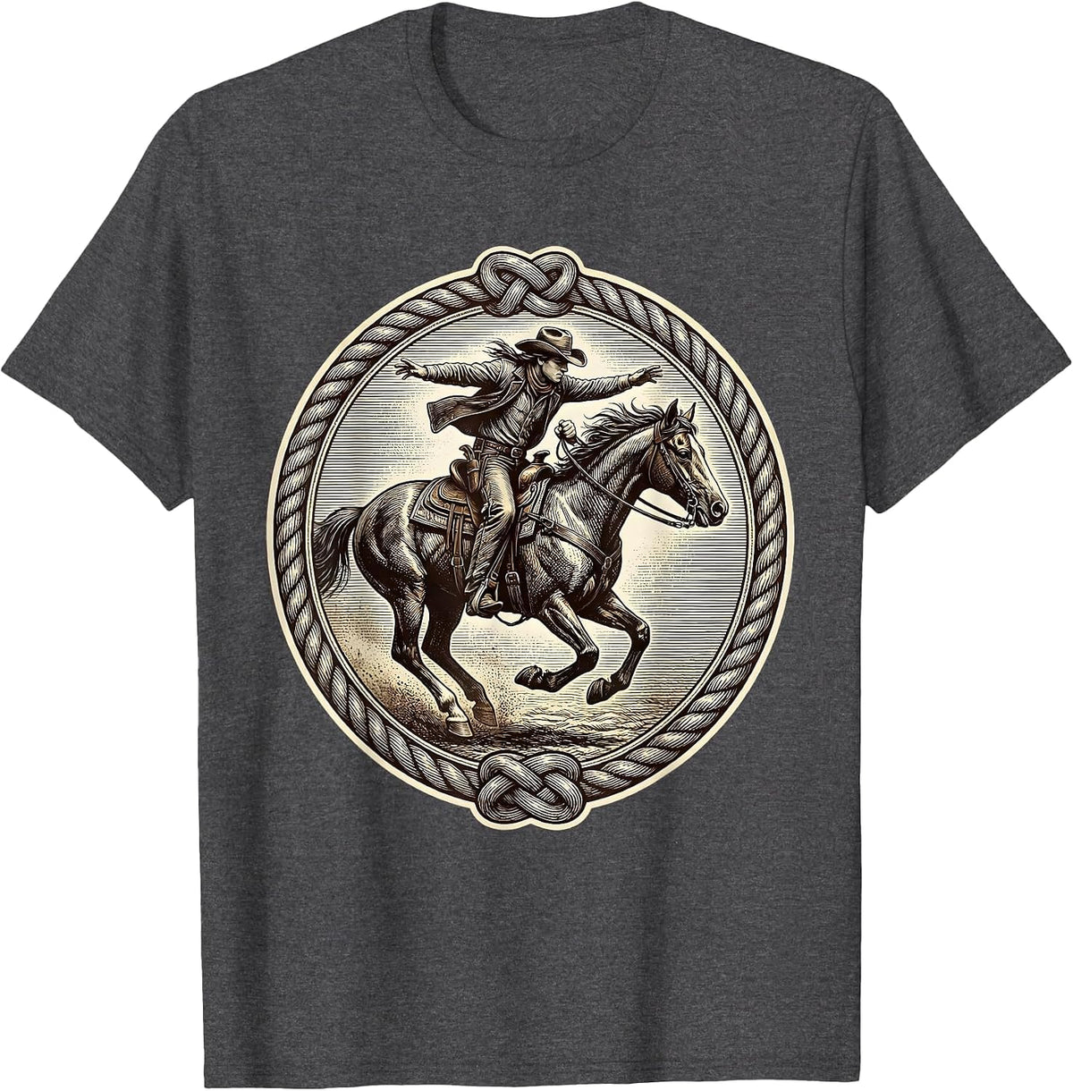 Rodeo Rider Saddle Horn Full Gallop Graphic T-Shirt - Dark Heather Grey