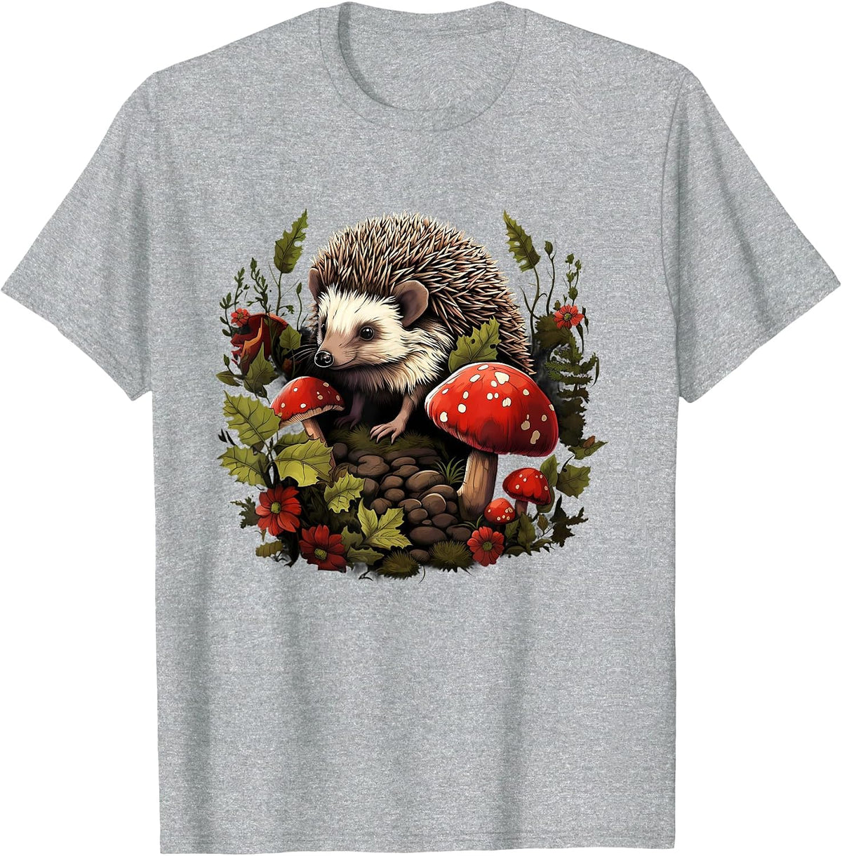 Hedgehog Landscape Animal Art Forest Wildlife Floral Artwork T-Shirt - Heather Grey